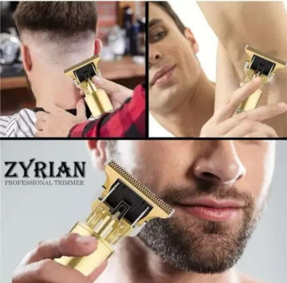 Zyrian professional trimmer being used on a person's face with close-up shots of the tool.