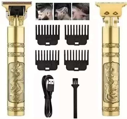 Gold hair trimmer set with attachments and USB cable on a white background