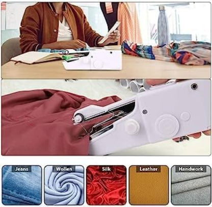 Handheld garment steamer being used on fabric with a person sitting at a desk in the background.