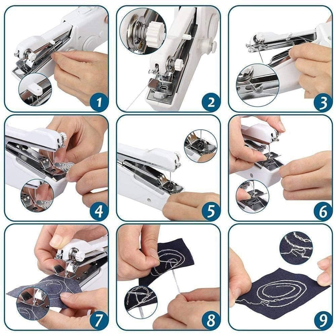 Step-by-step guide on using a sewing machine with close-up shots of hands and machine parts.