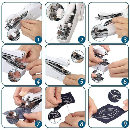 Step-by-step guide on using a sewing machine with close-up shots of hands and machine parts.
