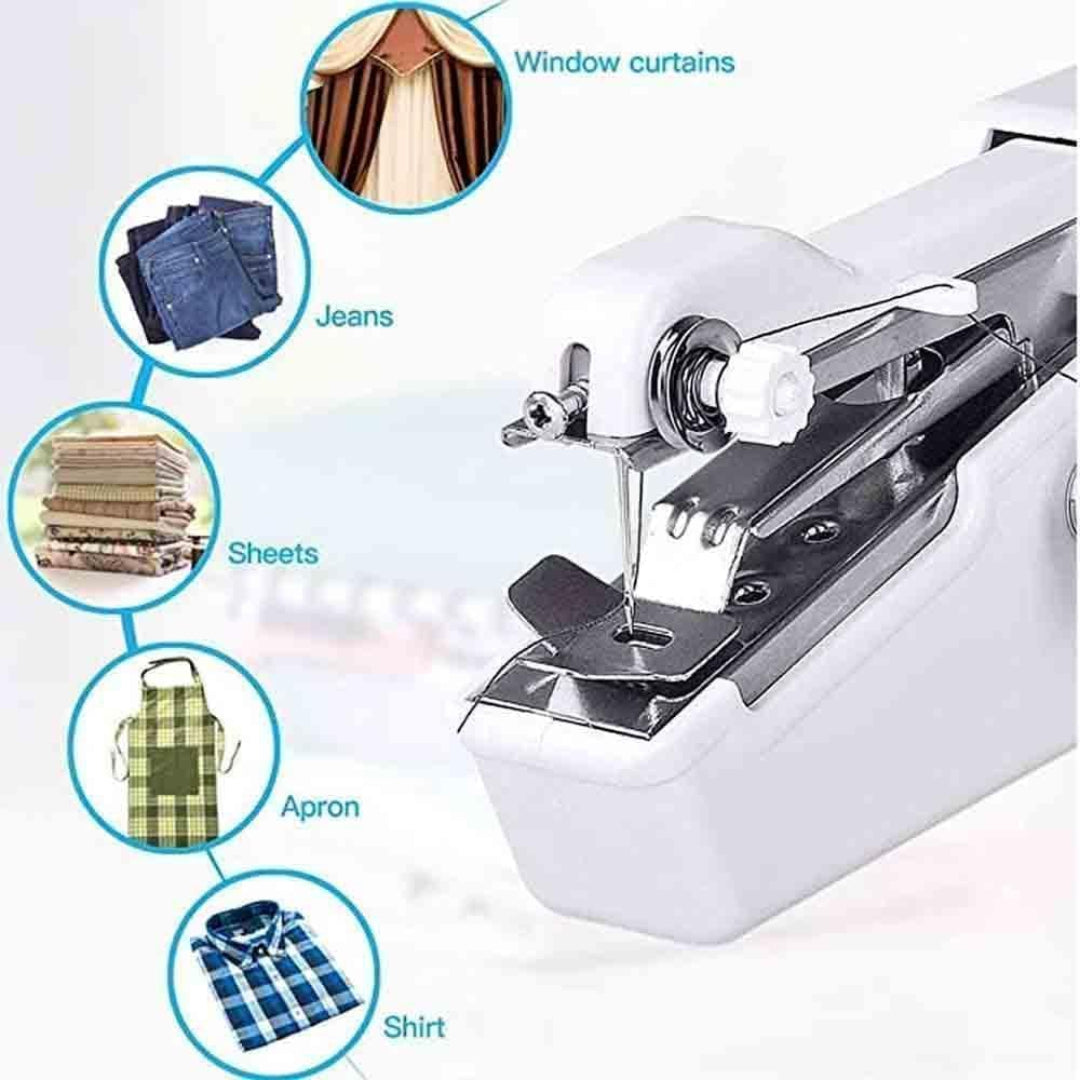 White handheld sewing machine with various fabric types shown on a white background