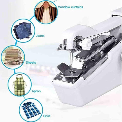 White handheld sewing machine with various fabric types shown on a white background