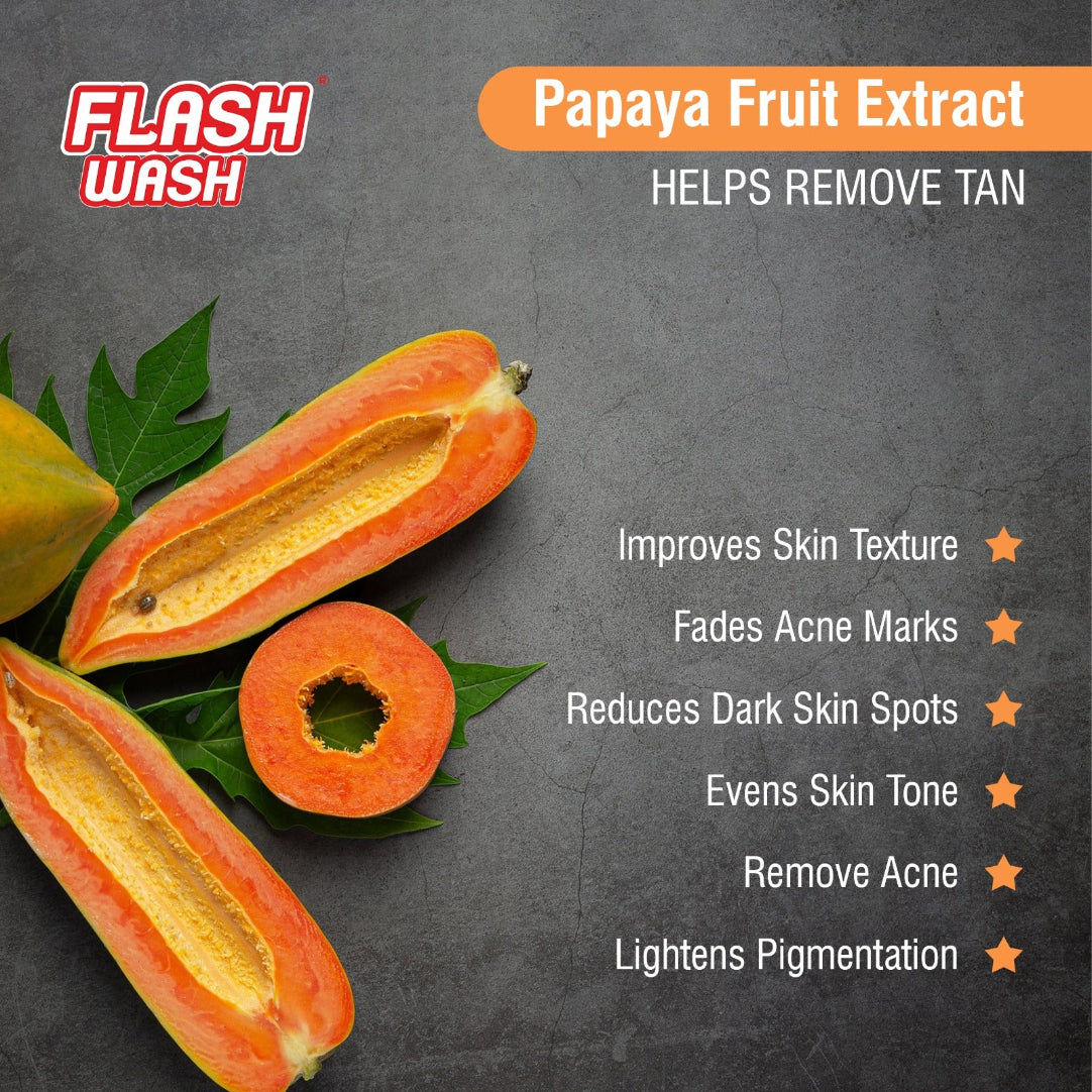 Papaya fruit extract with benefits listed on a dark background, featuring the Flash Wash brand.