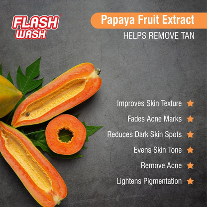 Papaya fruit extract with benefits listed on a dark background, featuring the Flash Wash brand.