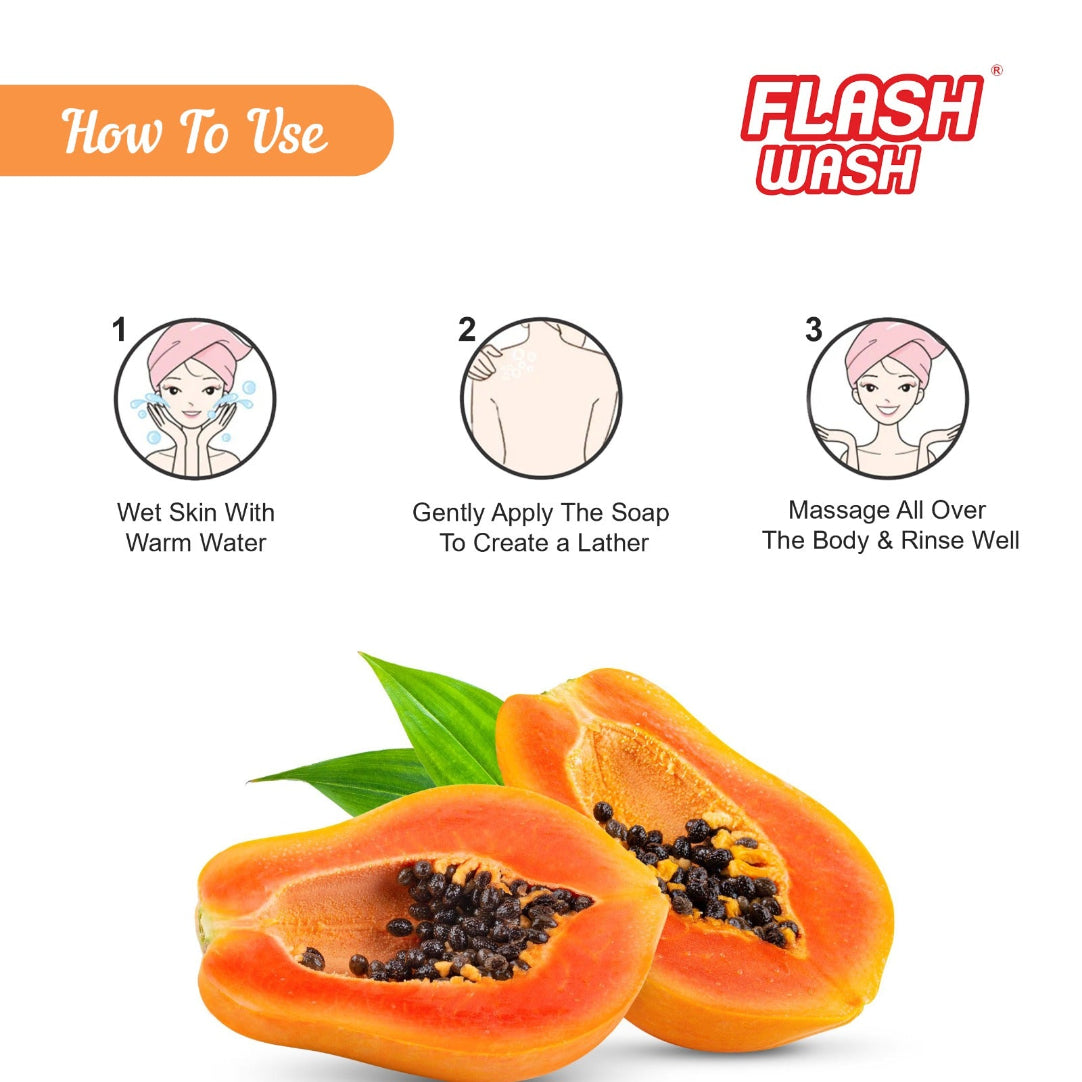 Instructions for using Flash Wash soap with a halved papaya on a white background