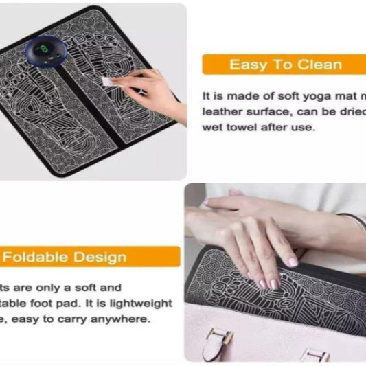 The image shows a foldable and portable wireless electric EMS massage machine. It has a patterned design and is being used by a person to massage their foot.