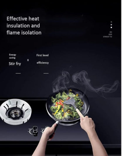 A promotional image featuring a person cooking on a stove with the pan placed on a gas saver stand. The background includes text highlighting energy efficiency features.