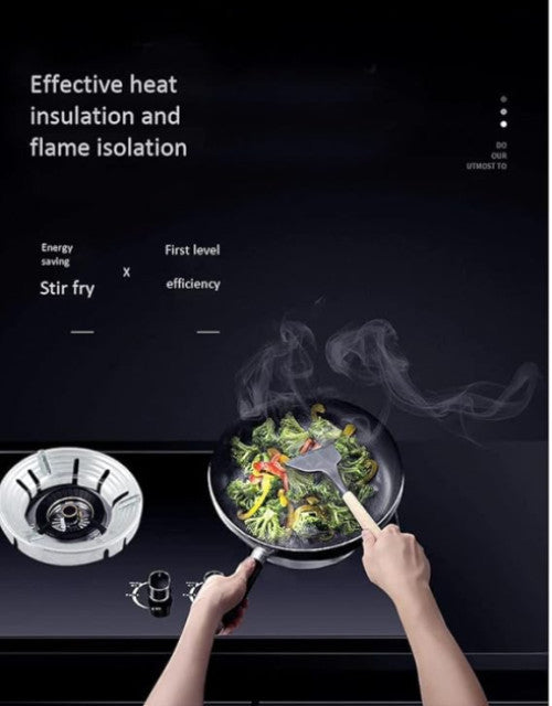 A promotional image featuring a person cooking on a stove with the pan placed on a gas saver stand. The background includes text highlighting energy efficiency features.