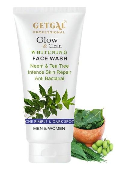 Getgal Glow & Clean Whitening Face Wash tube with neem leaves and tea tree leaves on a white background