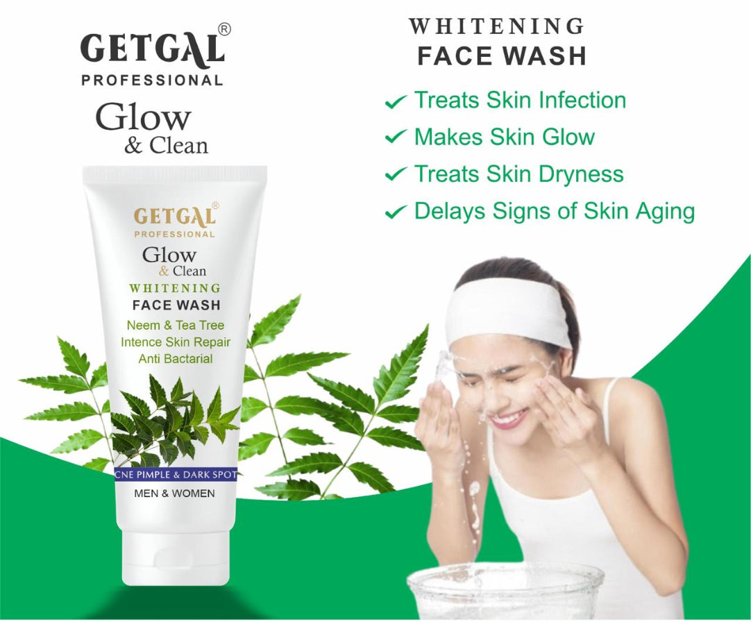 GETGAL Professional Glow & Clean Whitening Face Wash with a woman applying it on her face.