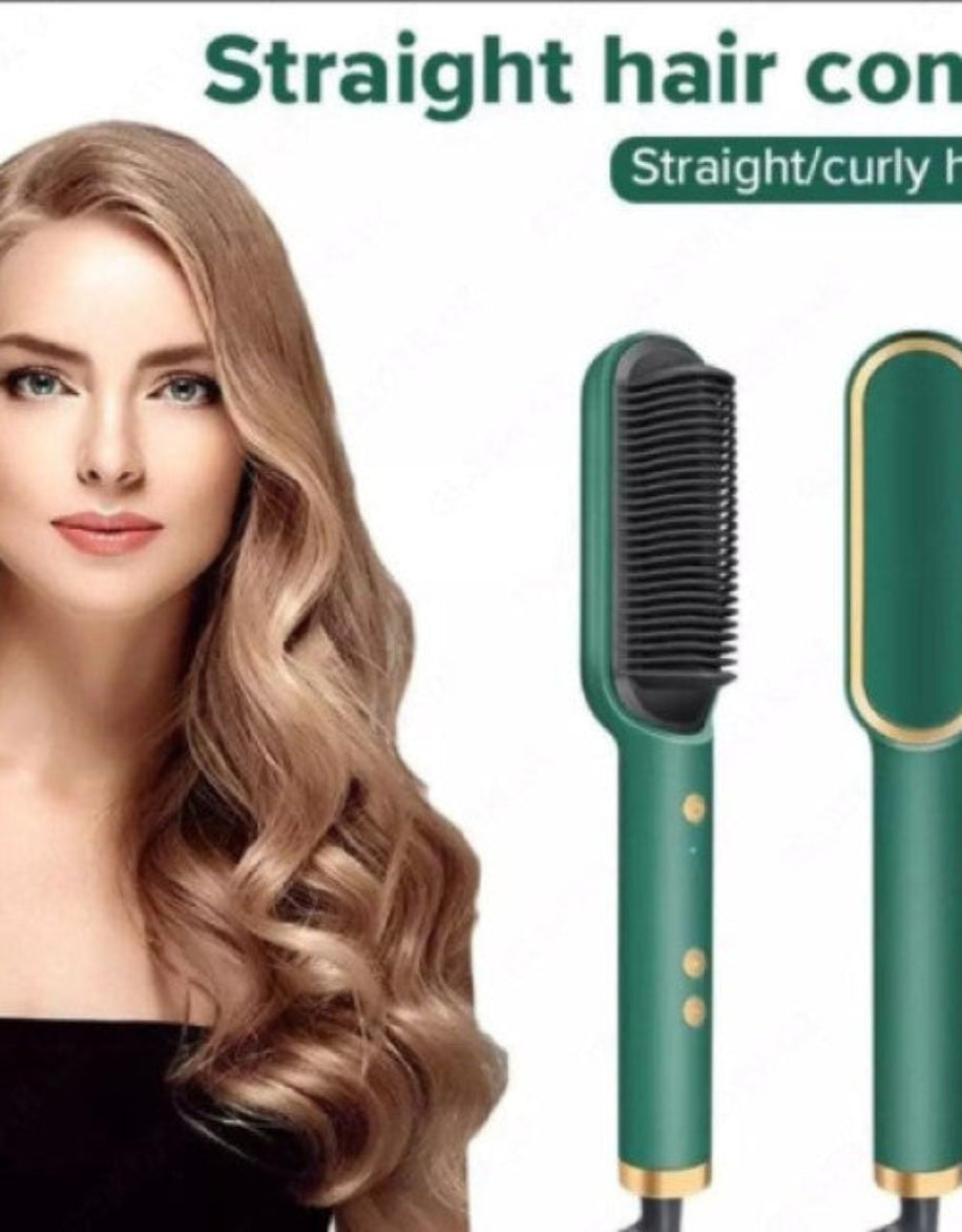 Hair straightening and curling comb with a model displaying styled hair on a white background