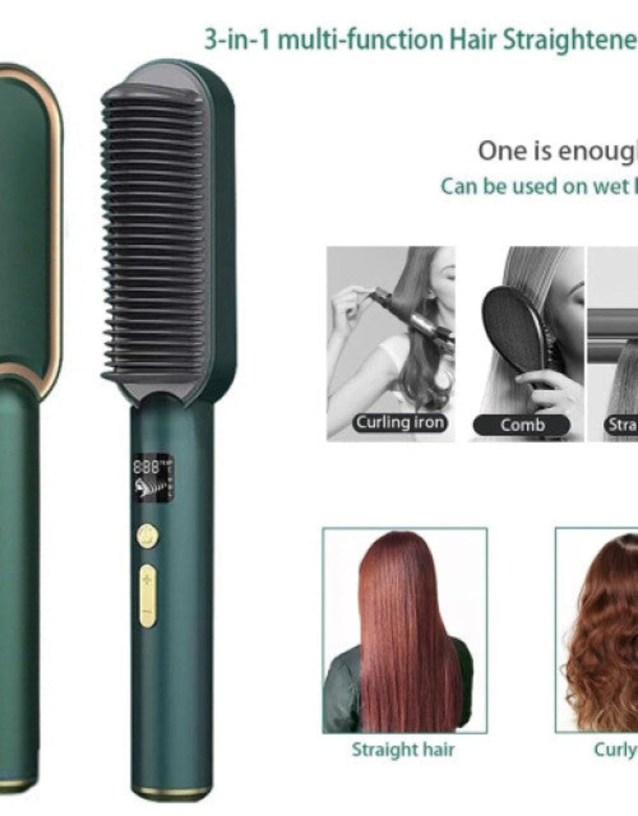 3-in-1 multi-function hair straightening tool with images of its uses and results.