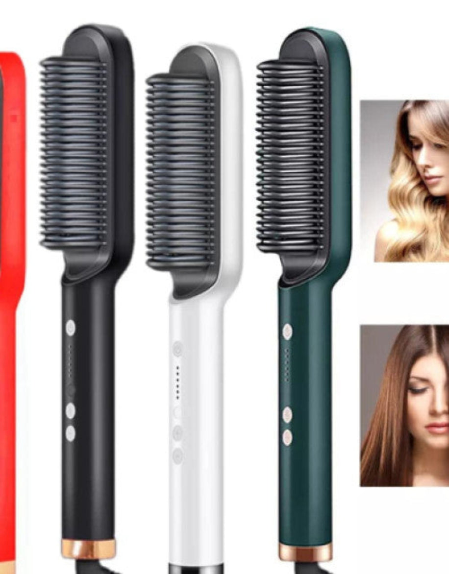 Three hair straightening tools with a inset of a woman with styled hair.