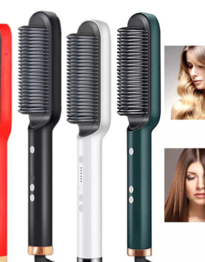 Three hair straightening tools with a inset of a woman with styled hair.