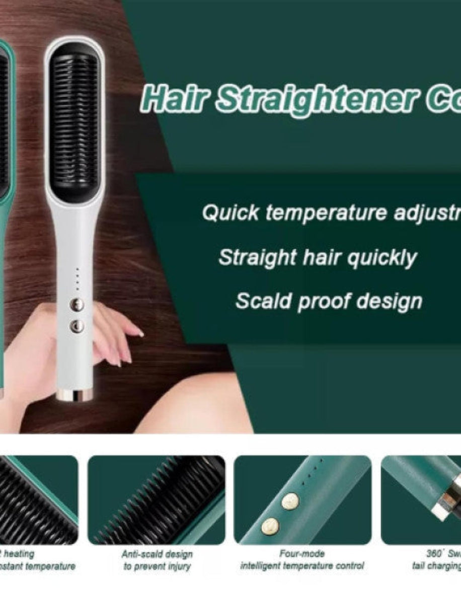 Hair straightener with text highlighting features on a green background