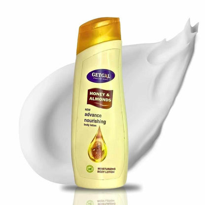 Getgal Honey & Almonds body lotion bottle on a white background