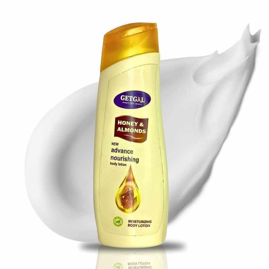 Getgal Honey & Almonds body lotion bottle on a white background