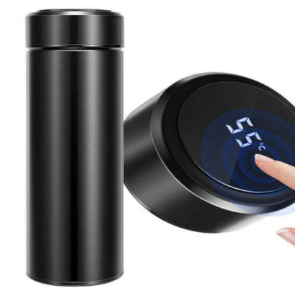 A black vacuum insulated thermos water bottle with a smart LED temperature display on the lid.