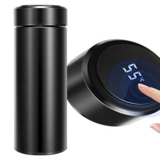 A black vacuum insulated thermos water bottle with a smart LED temperature display on the lid.