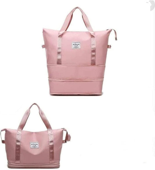 Two pink bags with handles on a white background