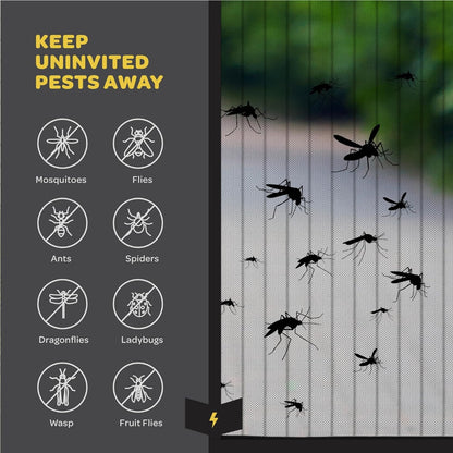 Mosquito screen with pest icons and text 'Keep Uninvited Pests Away' on a dark background.