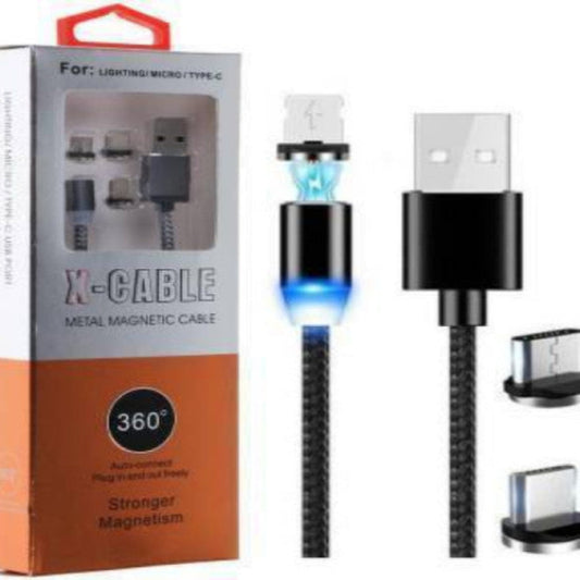 The image shows a black magnetic ultra fast charging cable with LED indicator light. The cable is displayed alongside its packaging, which highlights key features such as 360-degree 3-in-1 jack and magnetic design.