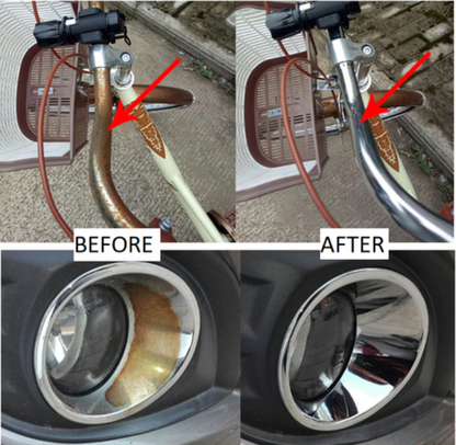 Before and after comparison of a bicycle headlight cleaning process.