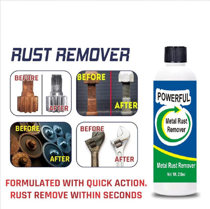 Metal rust remover with 'Before' and 'After' images of rust removal on tools.