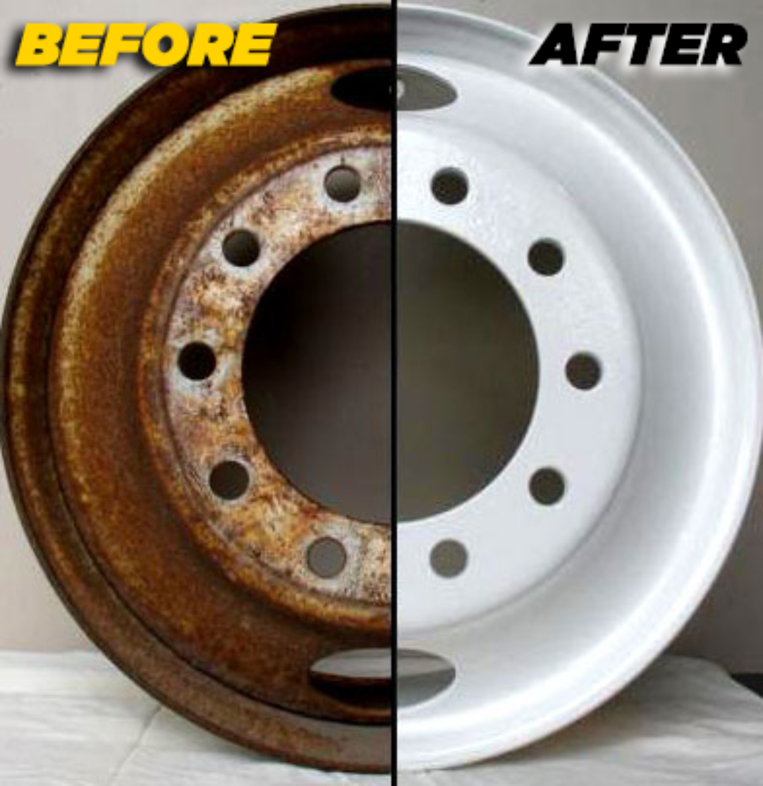 Comparison of a rusted brake drum on the left and a clean, white brake drum on the right.