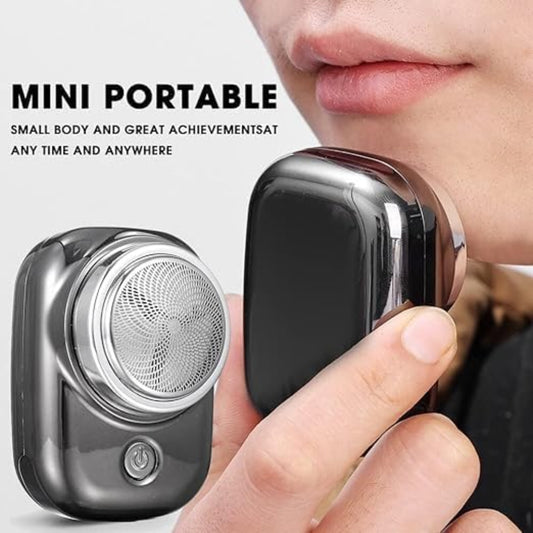 Mini portable shaver held by a hand with text highlighting its portability.