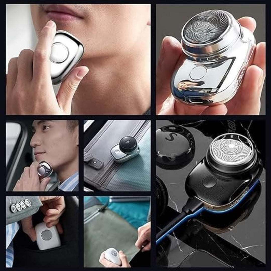 Collage of a handheld grooming device being used on different parts of the body.