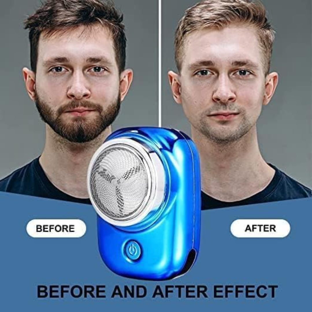 Before and after effect of a blue grooming tool on a man's face.