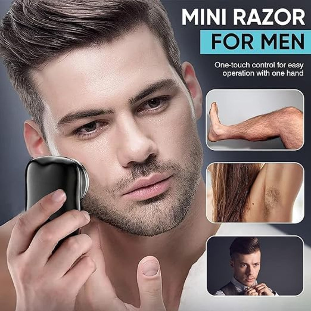 Man using a mini razor with images showing its features and benefits.