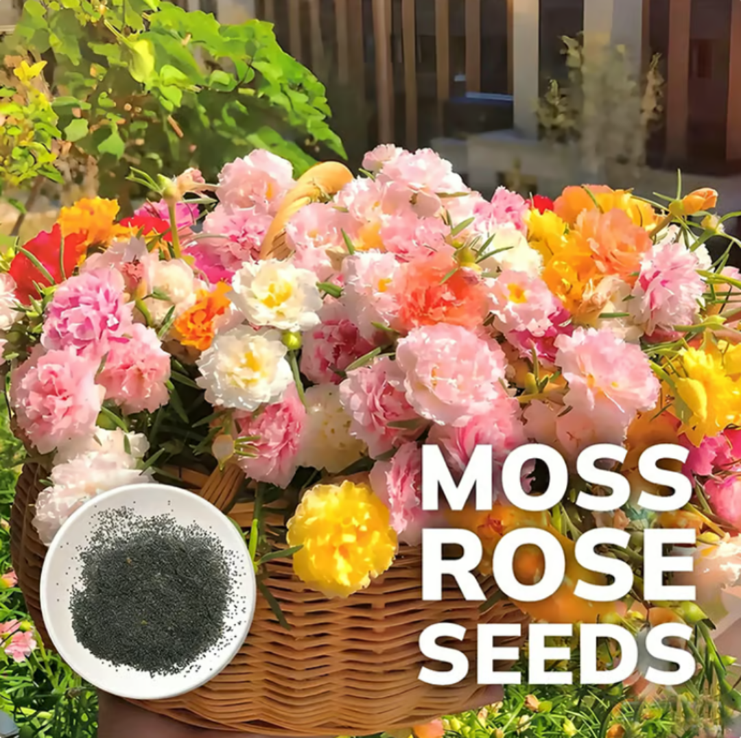Basket of colorful flowers with a bowl of moss rose seeds on a garden background