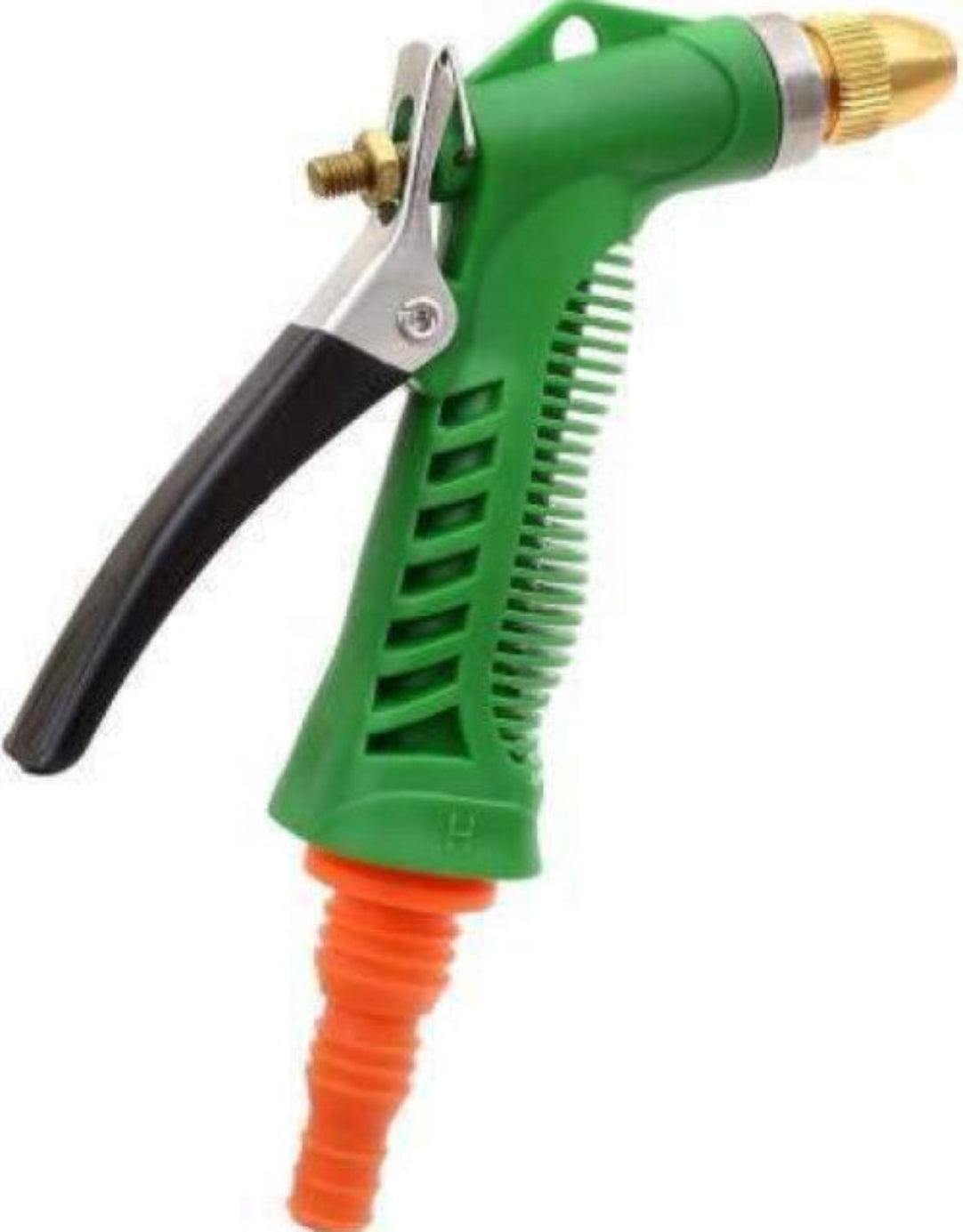 Green garden hose nozzle with black handle on a white background