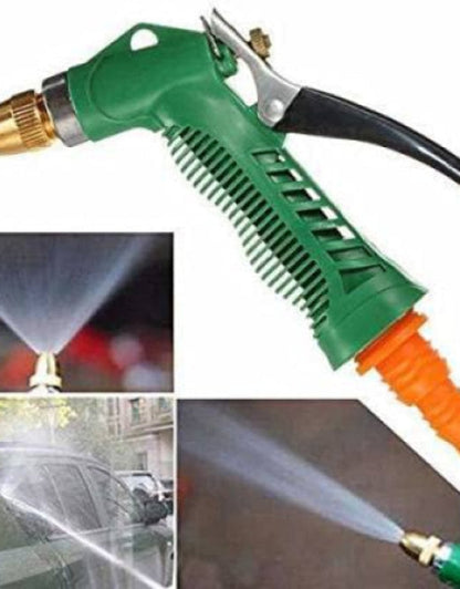Green and orange garden hose nozzle with spray patterns shown below.