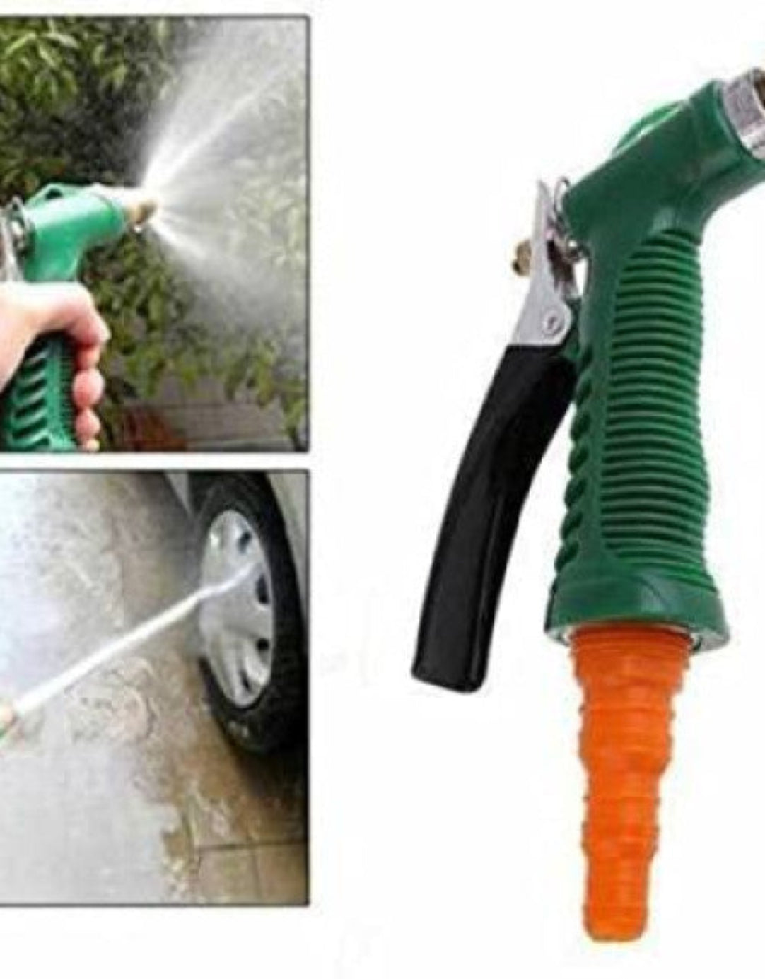 Green and black garden hose nozzle with orange spray tip being used to water a car.