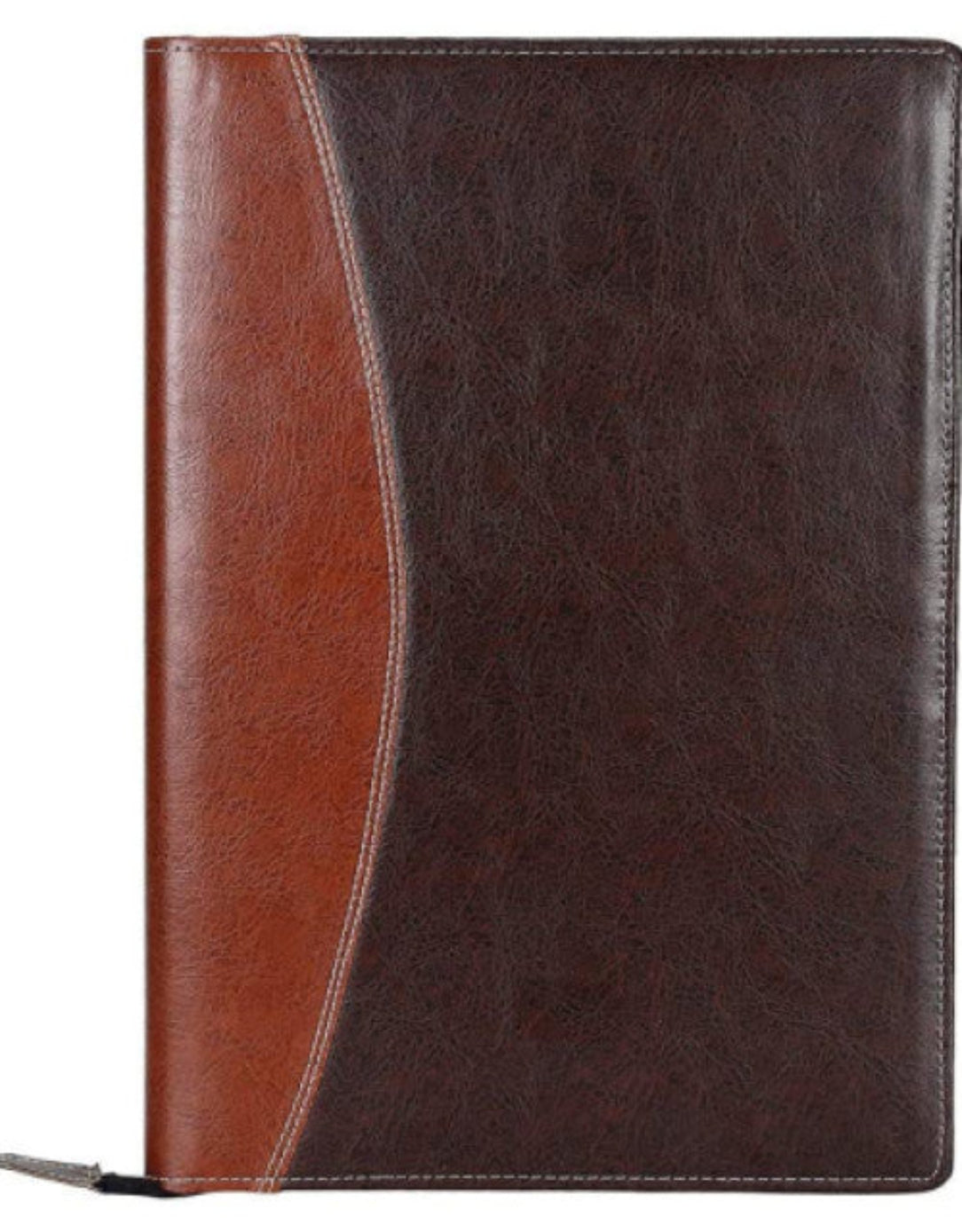 Brown leather-bound notebook with a contrasting brown panel on a white background