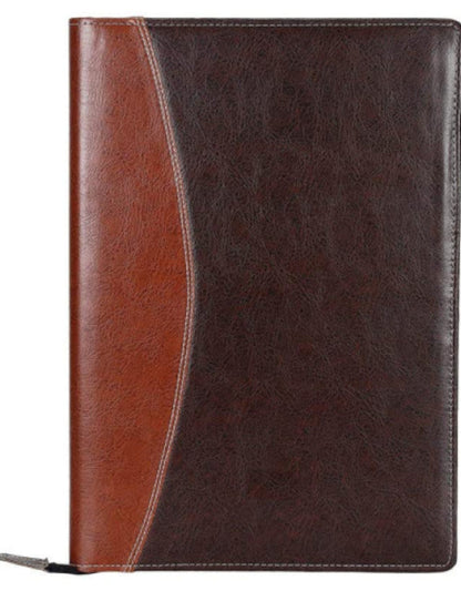 Brown leather-bound notebook with a contrasting brown panel on a white background