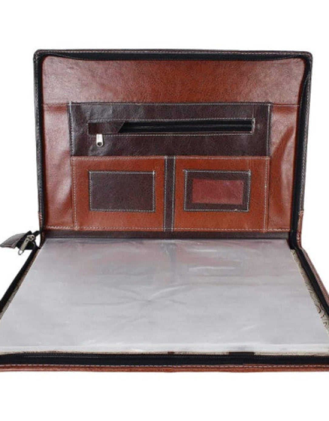 Brown leather briefcase with open lid on a white background