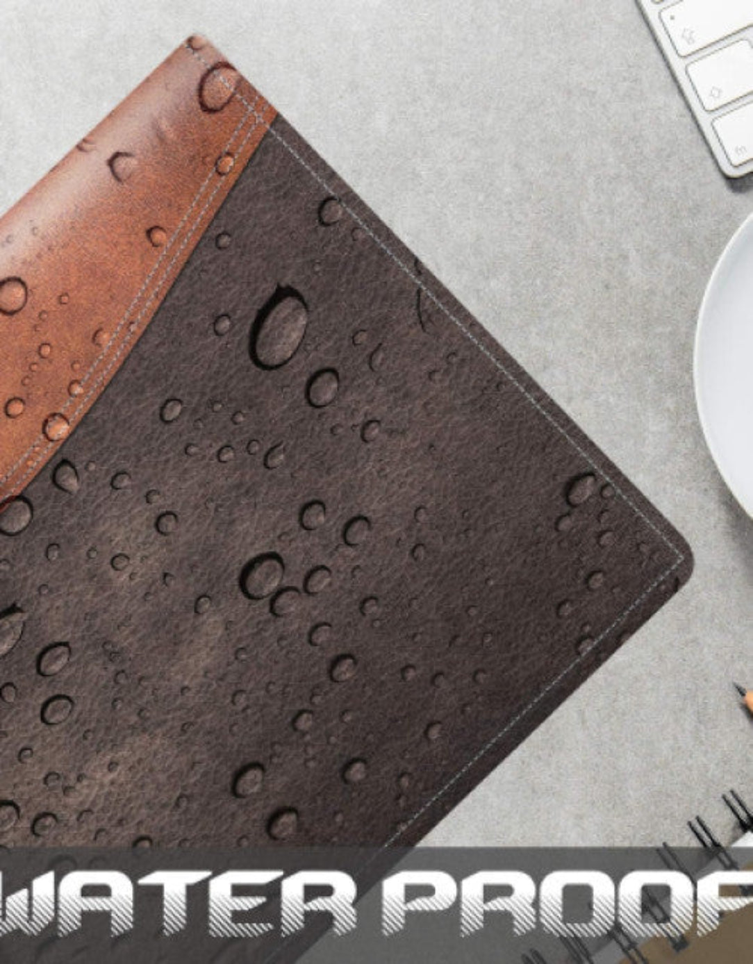 Brown leather case with water droplets on a gray surface, labeled 'Water Proof'.