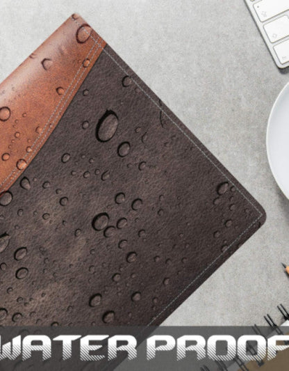 Waterproof leather case with water droplets on a gray surface