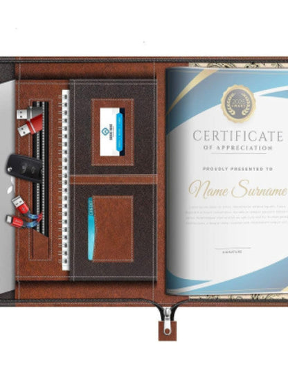 Open leather-bound folder with certificate of appreciation and stationery items on a white background