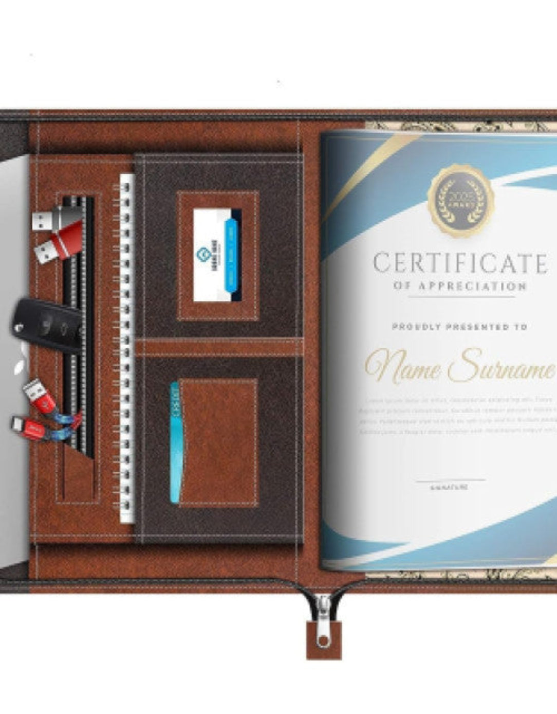 Open leather-bound folder with certificate of appreciation and stationery items on a white background