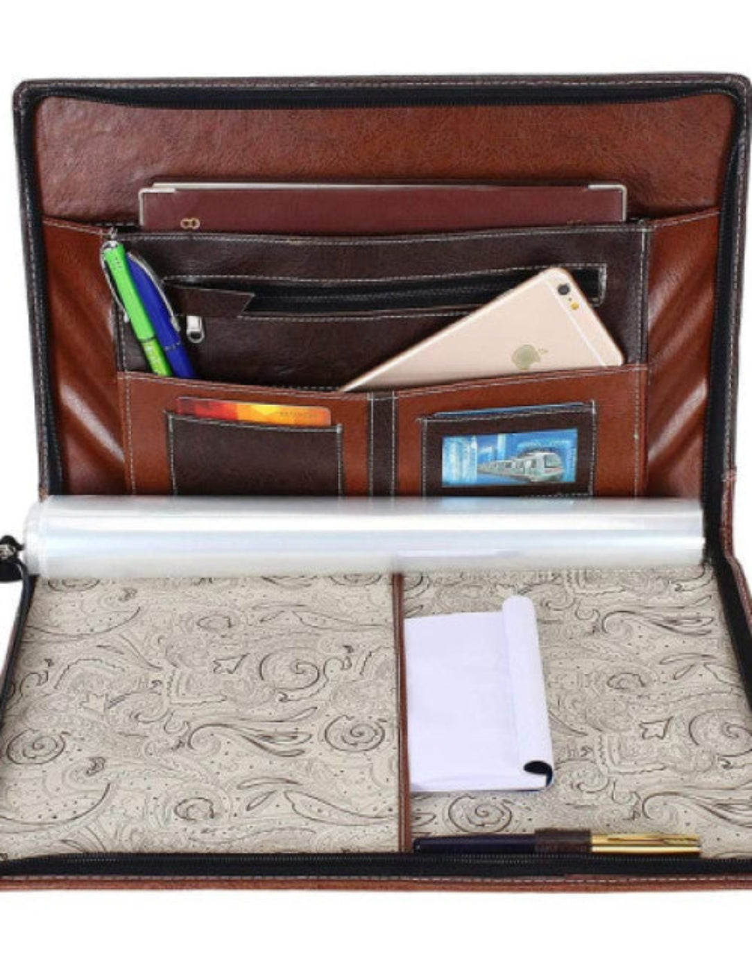 Brown leather briefcase with compartments and a pen on a white background