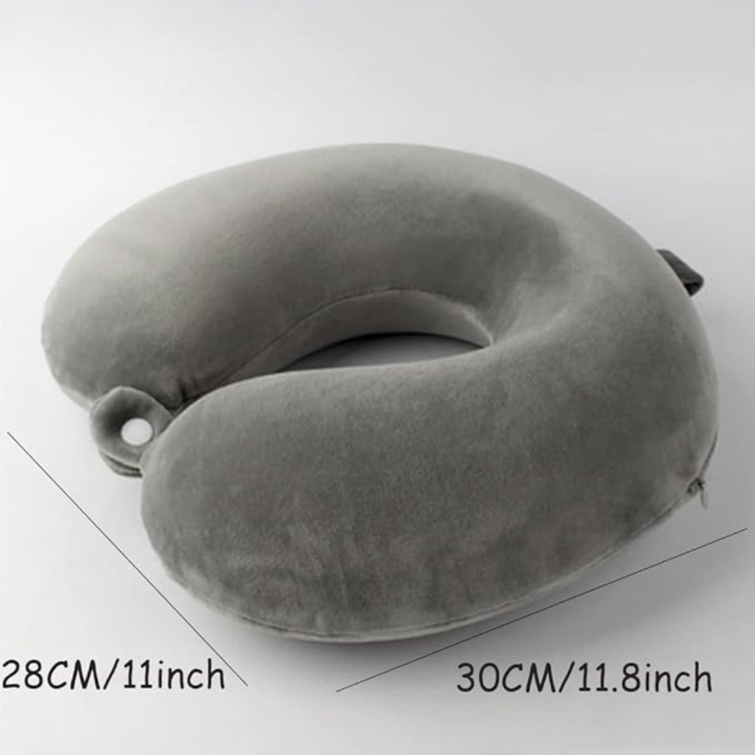 Gray U-shaped travel pillow with measurements on a white background