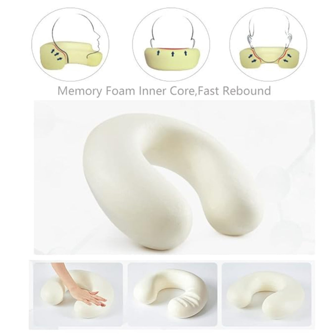 Memory foam U-shaped pillow with illustrations of its benefits on a white background