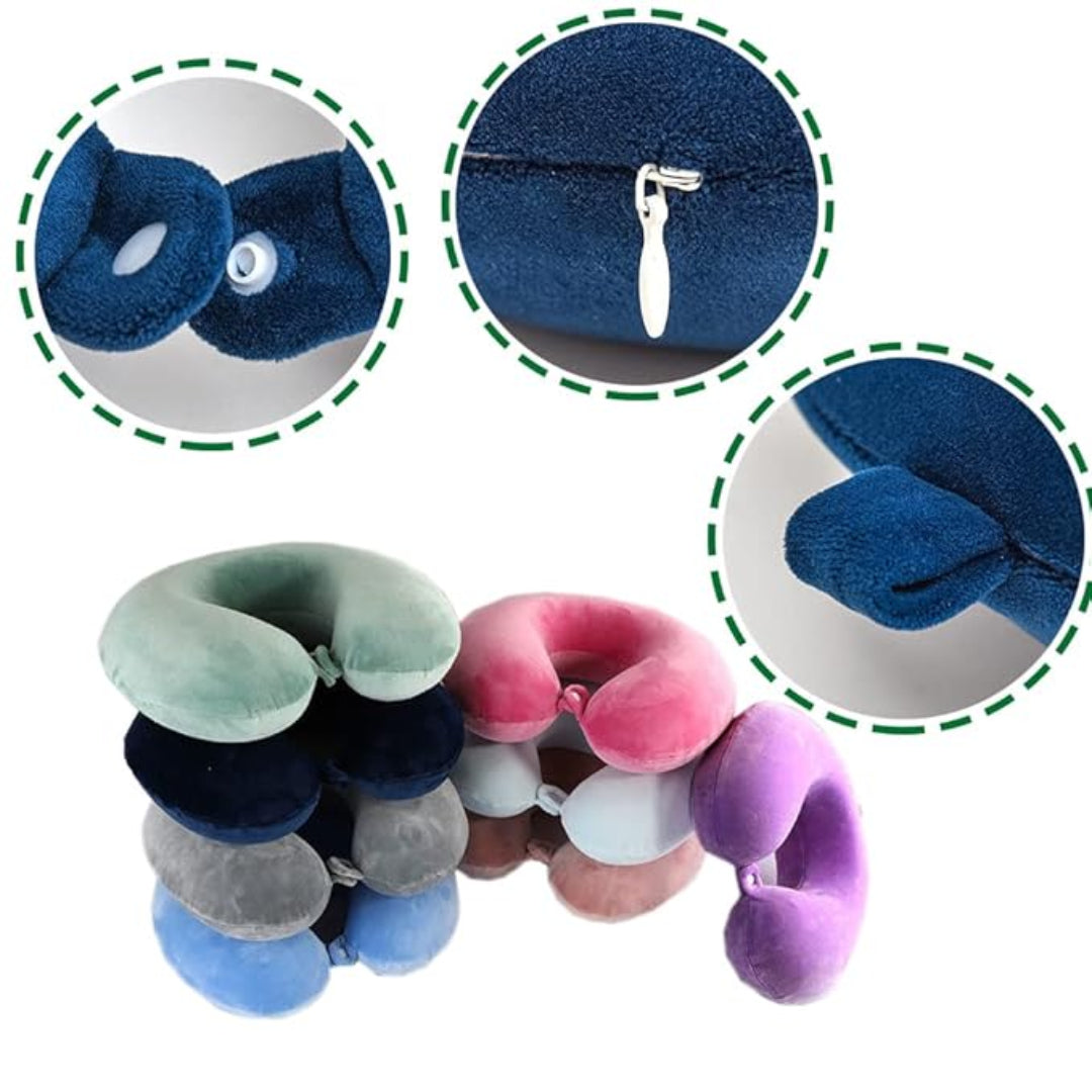 Collage of colorful neck pillows with close-ups on material, zipper, and shape.