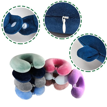 Collage of colorful neck pillows with close-ups on material, zipper, and shape.